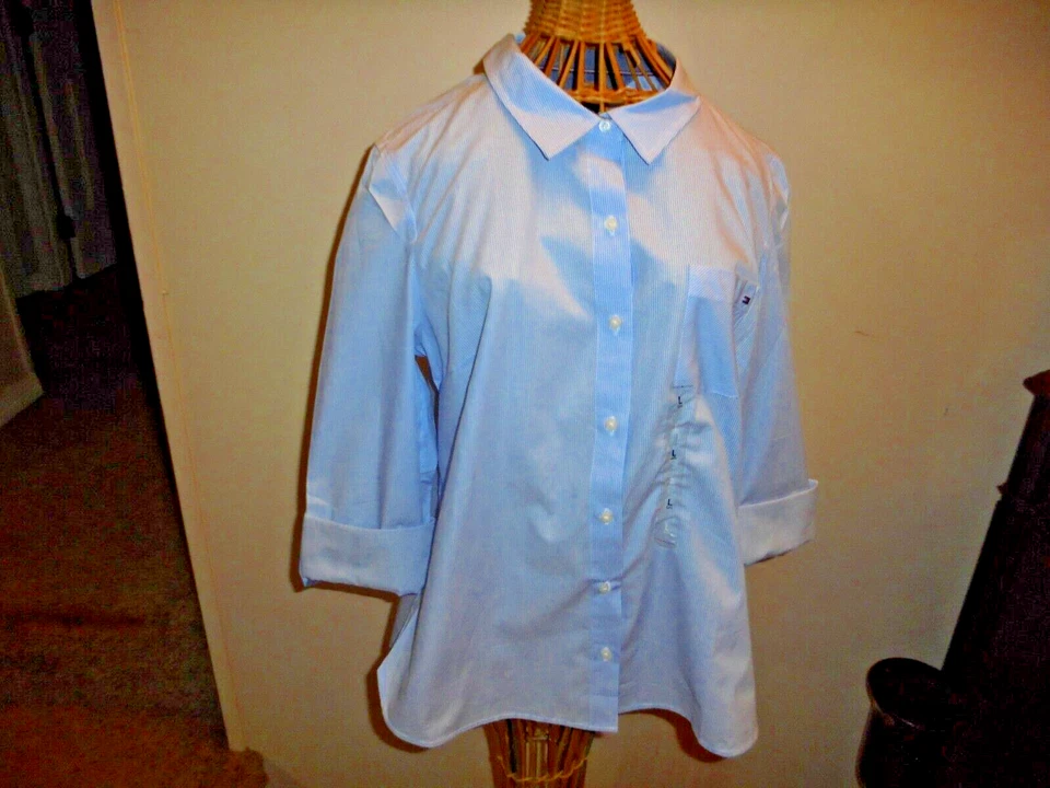 TOMMY HILFIGER  HERITAGE LIGHT BLUE SMALL STRIPS SHIRT -SIZE LARGE - Image 1 of 4