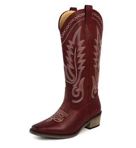Mujeres Botas Rojas Vaquero Occidental Punta Corta Cuero Hasta la Rodilla Vaquera AZARWOMAN - Imagen 1 de 6