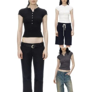 Retro Shell Button Half Open Neck Henley T-Shirt Cotton Slimming Top - Bild 1 von 17