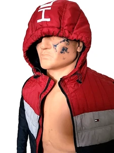 Tommy Hilfiger Red Blue Colorblock Hooded Puffer Ultra Loft Filled Jacket Sz Sm - Picture 1 of 8