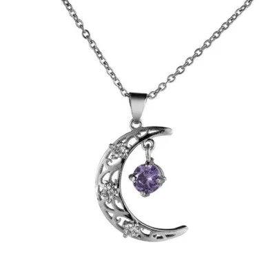 Unique Fire Round Amethyst White Topaz Silver Moon Necklace Pendants With Chain - Image 1 of 4