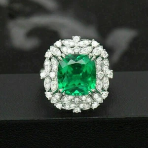 3.60Ct Lab Created Green Emerald 14k White Gold Plated 925 Halo Engagement Ring - Picture 1 of 3