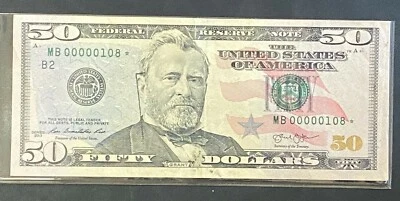 2013 $50 U.S Star Note Bill with Low Serial# MB00000108, Unique Low Serial# Note - Image 1 of 4