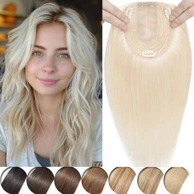 16 THICK REMY 100% Human Hair Topper Clip In Hairpiece Lace Mono Silk Top Toupee - Image 1 of 4