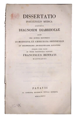1826, DISSERTATIO INAUGURALIS MEDICA, DIAGNOSIM DIARRHOEAE, MEDICAL, BENNATI - Image 1 of 4