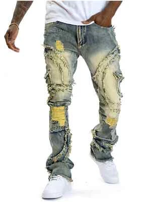 2025 New Men Ripped Stacked Jeans Distressed Slim Fit Skinny Straight Leg Jeans - Image 1 of 4