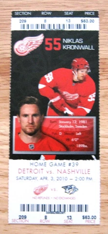 Red Wings Niklas Kronwall Wings Game ticket stub Face value $63 Cover