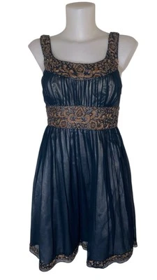 Adrianna Papell Sz 4 Women Blue Silk Babydoll Beaded Whimsigoth Grunge Prom Gown - Image 1 of 4