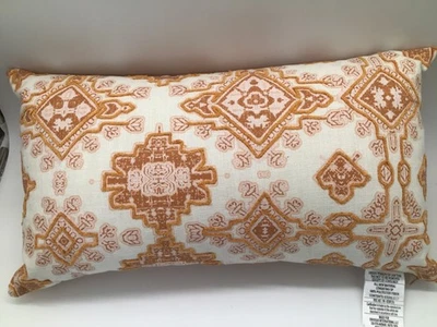 Cream Gold Embroidered Lumbar Throw Pillow Linen Blend Accent Cushion 12x20” - Image 1 of 4