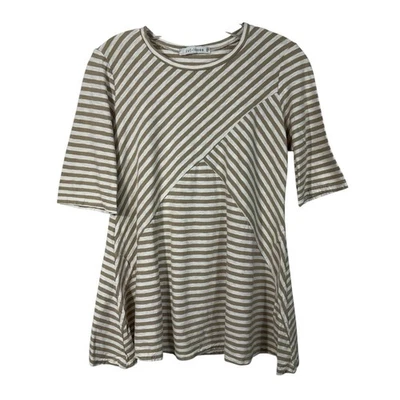 Camiseta Corte Suelta Marrón Blanco Rayas Media Manga Lino Mezcla Algodón Sostenible Foto 1 de 4