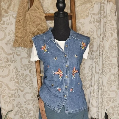 女式复古 90 年代刺绣蝴蝶牛仔上衣 XL 码 Cottagecore 异想天开  — 第 1/2 张图片