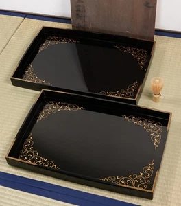 Japanese Lacquer Set of 2 Wooden Tray Gold Arabesque Tea Ceremony Meiji Era 19th - Picture 1 of 20
