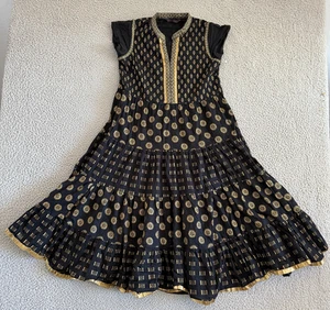 Robe Rangmanch femme petite noire dorée bohème ethnique à plusieurs niveaux maxi coton indien - Photo 1/7