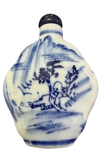 Vintage Chinese Blue and White Porcelain Glass Snuff Bottle W Landscape Marked - Picture 1 of 6