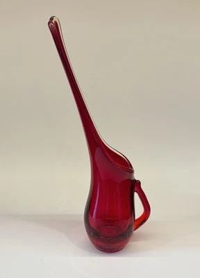 MCM RUBY RED SWUNG GLASS PITCHER LONG SPOUT CADMIUM UV GLOW 11” VINTAGE RARE - Image 1 of 4