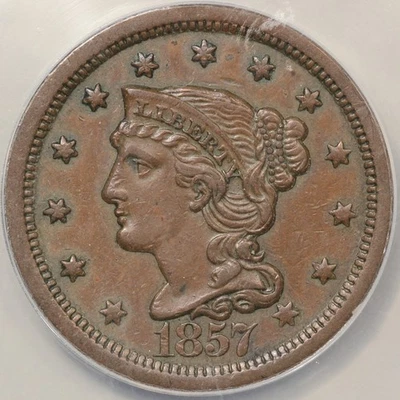 1857 Braided Hair Large Cent ANACS AU-50 - Image 1 of 4