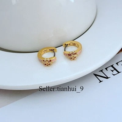 New! Tory Pink tiny Hoop Earrings Gold plated with Jewelry Pouch - Image 1 of 2