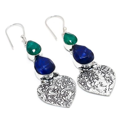 Blu Finto, Giada Verde 925 Sterling Argento Gioielli Orecchino - Immagine 1 di 4