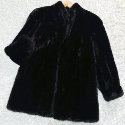 Abrigo de piel de visón Saga negro talla 11 M etiqueta de cuero cachemir usado -de Japón Foto 1 de 4