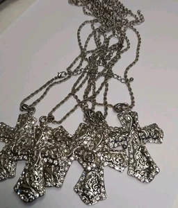 Lot Of 5 Large Cross Pendants Silver Tone Rope Chain Adjustable Statement Piece - Picture 1 of 6