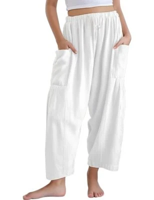 Girls Linen Wide Leg Pants Cute Loose Palazzo Harem Trouser with Pockets Whit... - Image 1 of 4