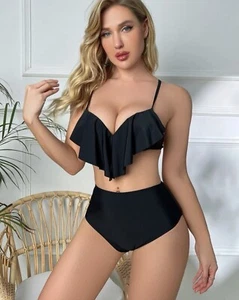 ❀ 2PC Black Bikini Set W/Push Up Bra & High Waisted Bottom SZ (L) - Picture 1 of 5