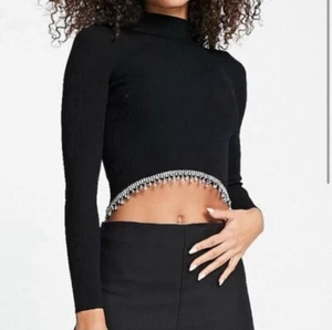 NWT ASOS River Island Black Ribbed Cropped Sweater With Crystal Trim - SIZE 8 - Picture 1 of 6