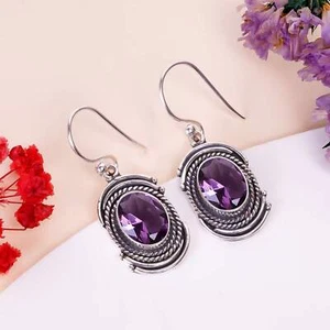 Purple Amethyst Gemstone 925 Sterling Silver Jewelry Earring, Elegant Earrings - Picture 1 of 4