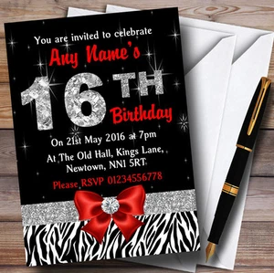 Red Diamond And Zebra Print 16Th Birthday Party Personalised Invitations - Picture 1 of 1