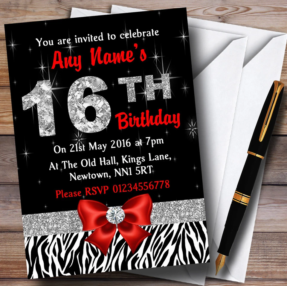 Red Diamond And Zebra Print 16Th Birthday Party Personalised Invitations - Image 1 of 1