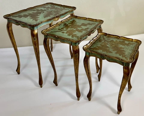 1960s 3-Set Florentine Hollywood Regency Gold & Green Wood Nesting Tables Cover