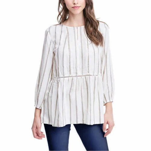 Fever 3/4 Sleeve Peasant Top Ivory Tan Stripe XXL Plus Size Rayon Blouse 2xl