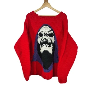 HAND KNIT Skeletor He-Man Red sweater size XL 80's nostalgia novelty - Picture 1 of 8