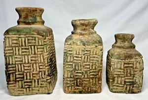 Set of 3 Mexican Folk Art Pottery Vase Jug Rustic Primitive Stone-Look Geometric - Picture 1 of 15