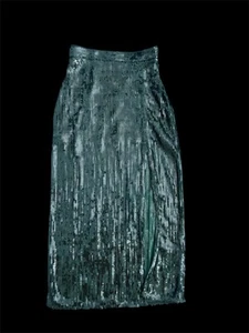 H&M Mermaidcore Fairycore Dark Green Sequin Midi Skirt, Front Slit Bodycon Sz 2 - Picture 1 of 10