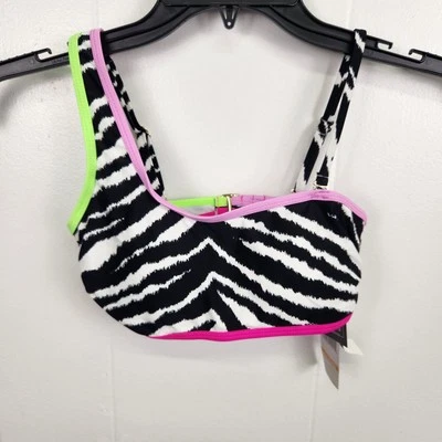 California Waves Ladies One Shoulder Zebra Print Swim Top S – Neon Trim Bikini - Image 1 of 4