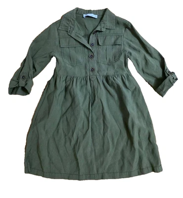 ZARA kids girls military olive green roll tab sleeve collared dress 7  A001133 - Image 1 of 4