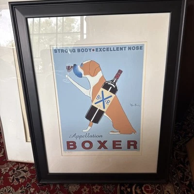 Boxer Dog Framed Art Merlot Red Wine Retro Advertising Signed Number Ken Bailey. - Image 1 of 4