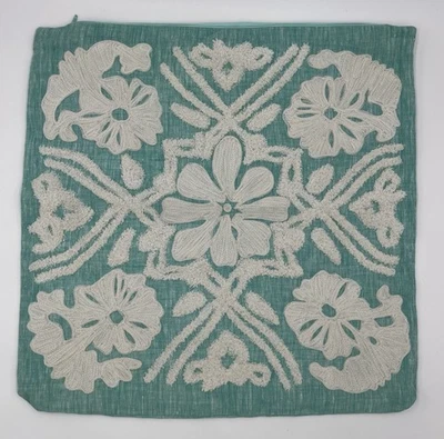 Crate & Barrel Fleur Pillow Cover 18” Square Aqua Linen White Embroidered Floral - Image 1 of 4