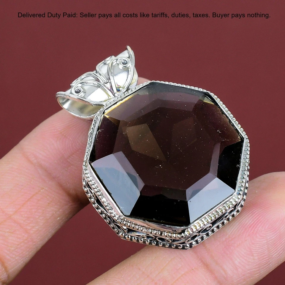 Oferta Black Friday 925 Plata Cuarzo Ahumado Piedras Preciosas Bisel Vintage Colgante Joyería Foto 1 de 4