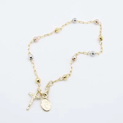 Diamond-Cut Rosary Cross Virgin Mary Anklet Real 10K Tri-Color Gold 10" - Image 1 of 3