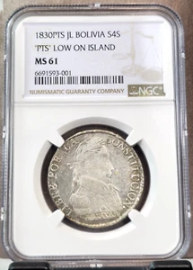 1830 PTS JL BOLIVIA SILVER 4 SOLES "PTS" LOW ON ISLAND NGC MS 61 RARE VARIETY - Picture 1 of 3