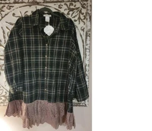 Ladies Paisley Vine Long Sleeve Plaid Tan BOHO Eyelet Ruffle Tunic, Size L NWT - Picture 1 of 6