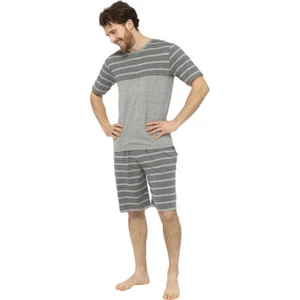 Mens Striped Panel V Neck Top Shorts Pyjamas Grey Comfort Wear HT110% Cotton Set - Picture 1 of 2