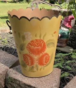 Vtg Metal Waste Basket MCM Hand Painted Yellow Floral Garbage Can Scallop Top - Picture 1 of 7