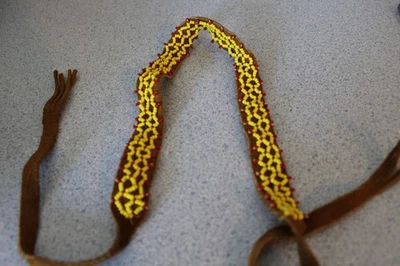 VTG 31" Genuine Leather Native American Headband with Seed Beads Yellow & Red - Image 1 of 4