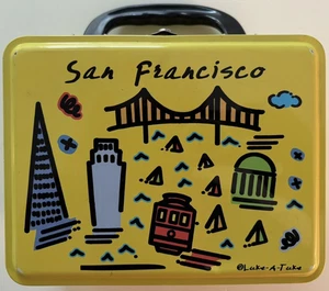 Vintage SAN FRANCISCO gelbe Blechdose von Luke-A-Tuke. SEHR GUT! - Bild 1 von 4