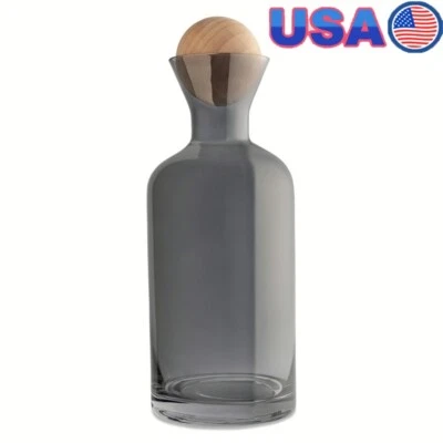 Elegant Glass Carafe W/ Rubber Wood Stopper Home Bar Serving Wine Juice Bedside - Image 1 of 4