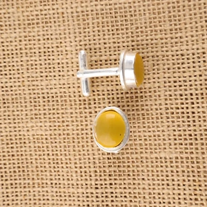 Gemelos hechos a mano ojo de gato amarillo 14,4 quilates joyería de plata 925 para hombre 0,59" - Imagen 1 de 4