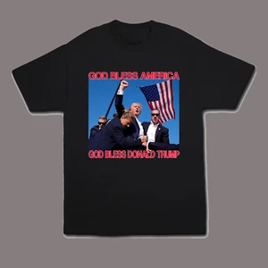Donald Trump Shot Shirt FIGHT, NEVER SURRENDER GOD BLESS AMERICA MAGA GREAT USA - Picture 1 of 5
